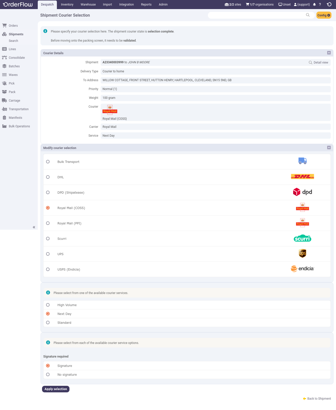 Courier Selection Screen