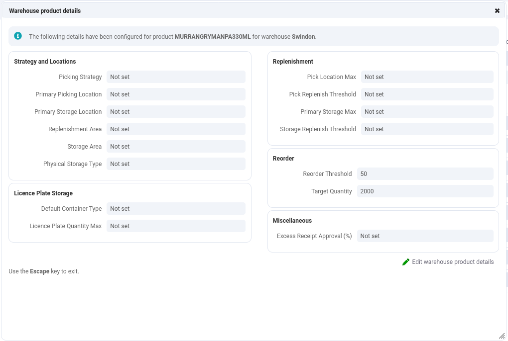 Warehouse Product Details