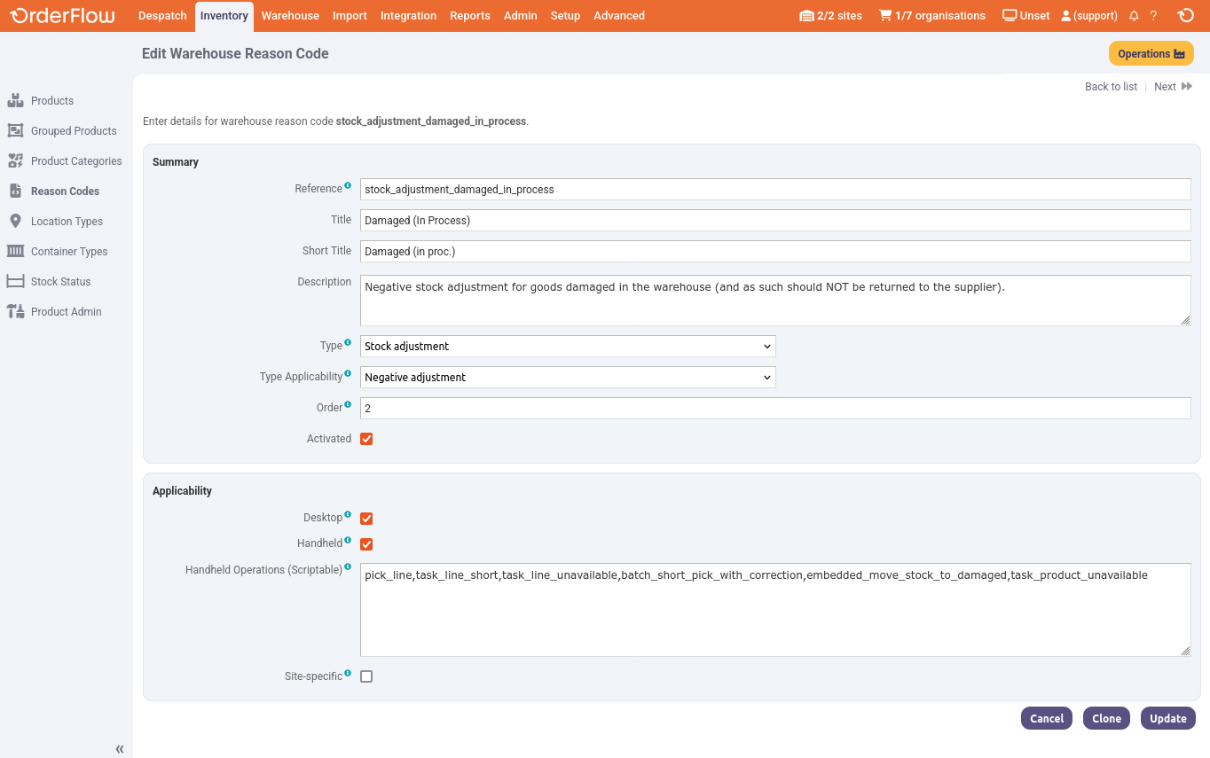 Warehouse ReasonCode