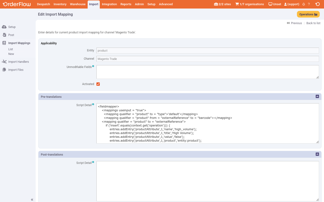 OrderFlow Import Mapping