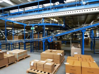 Automated conveyors between warehouse floor and mezzanine