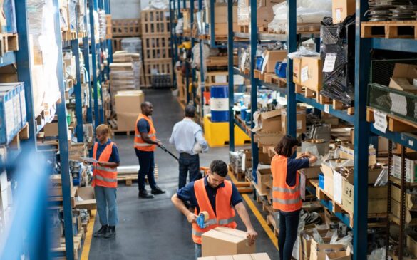 Workers in a busy warehouse aisle